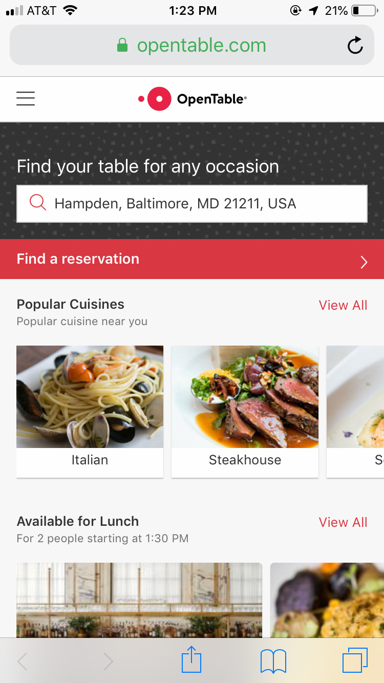 Screenshot of OpenTable's mobile experience for consumers.
