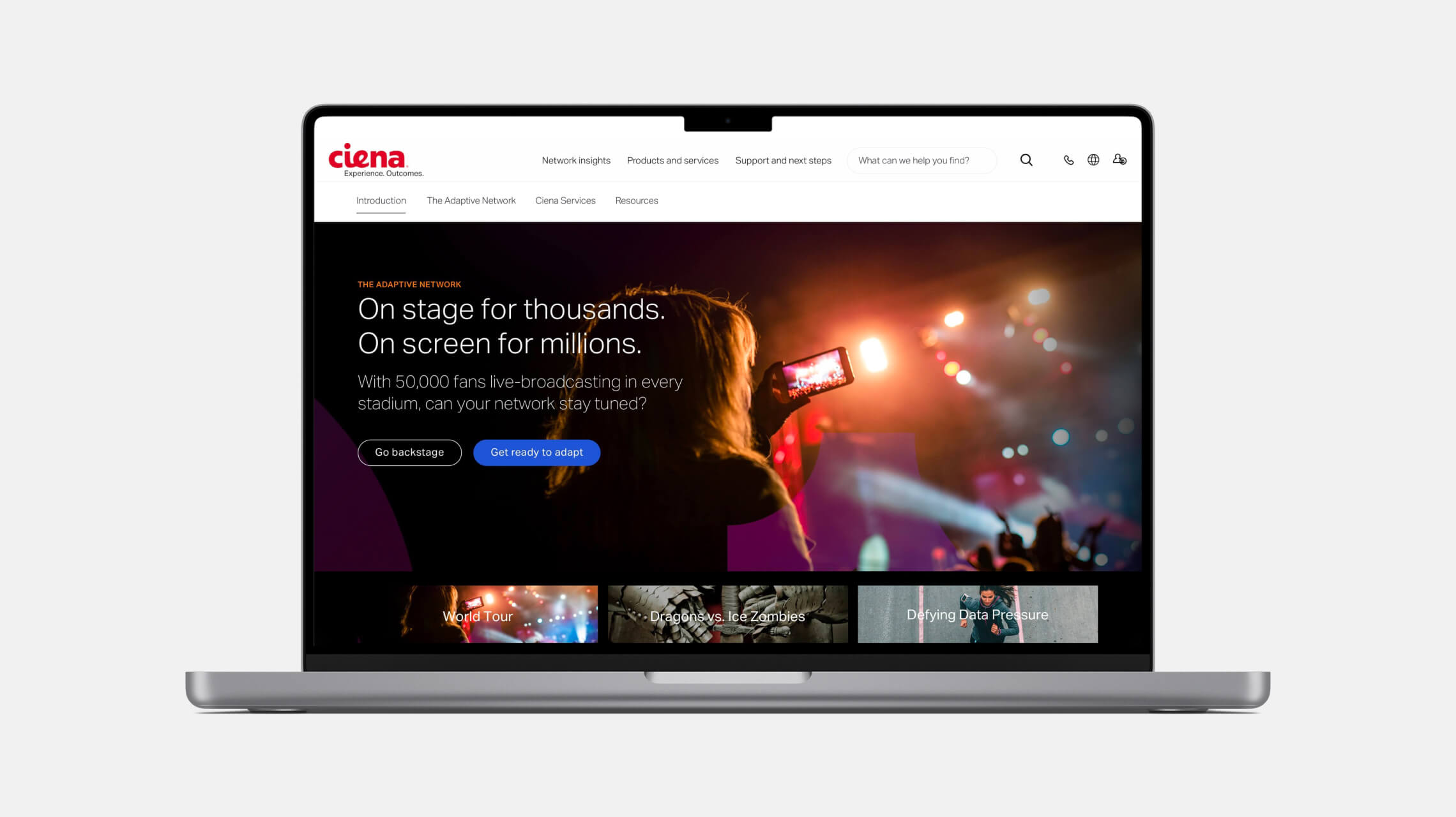 The Ciena Adaptive Network landing page displayed on a laptop