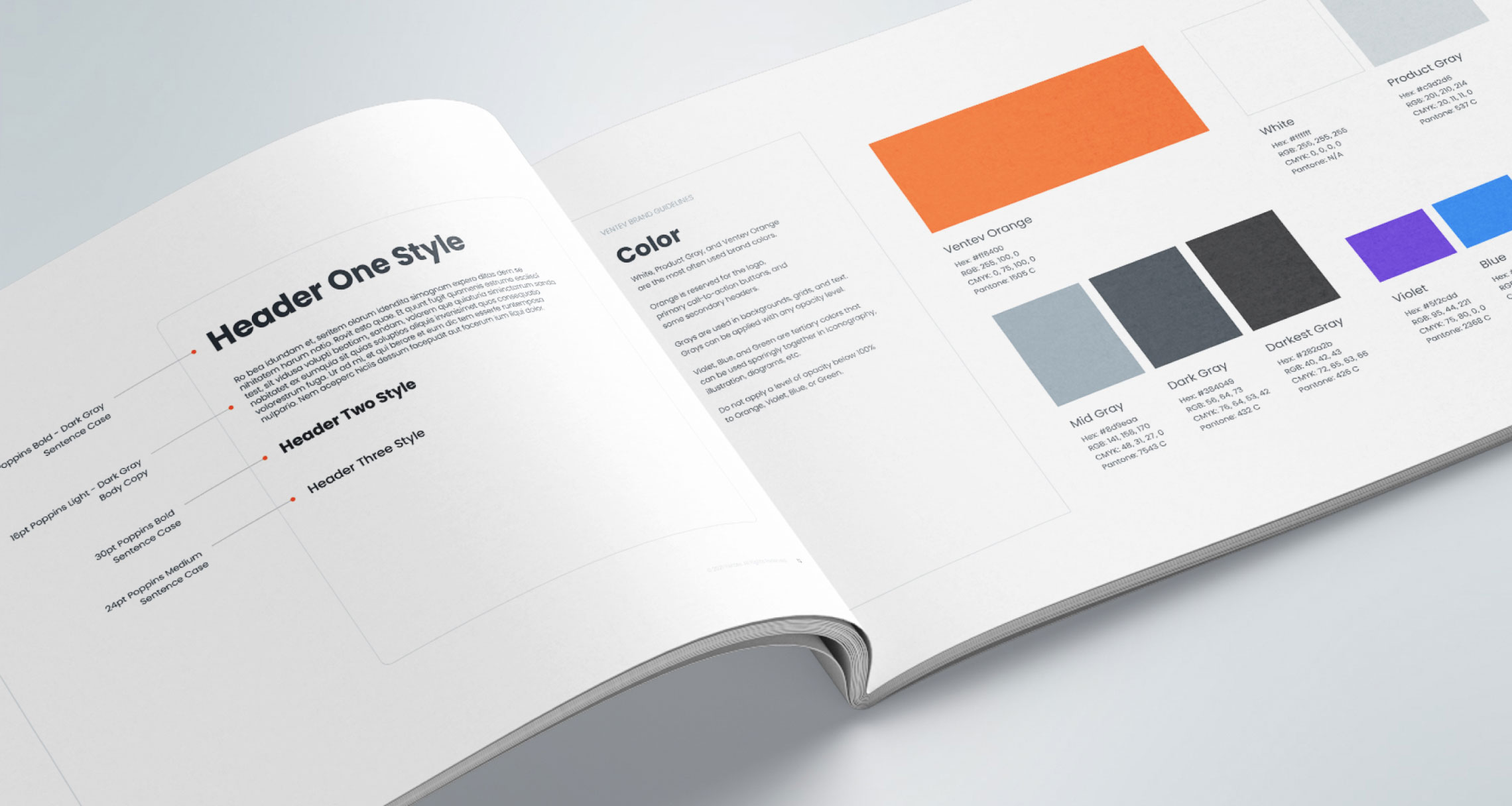 A photo of the Ventev Brand Guidelines book