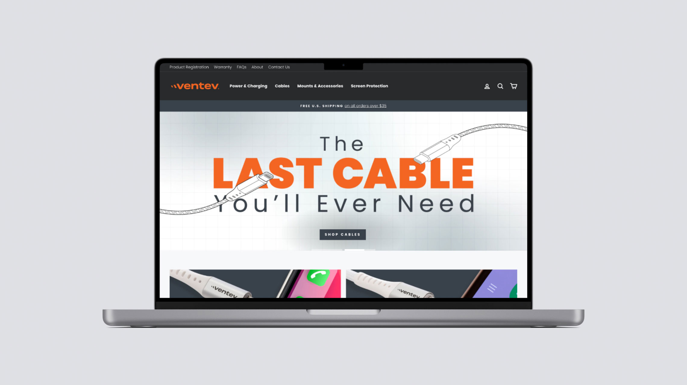 A design mockup of the Ventev website displayed on a laptop computer
