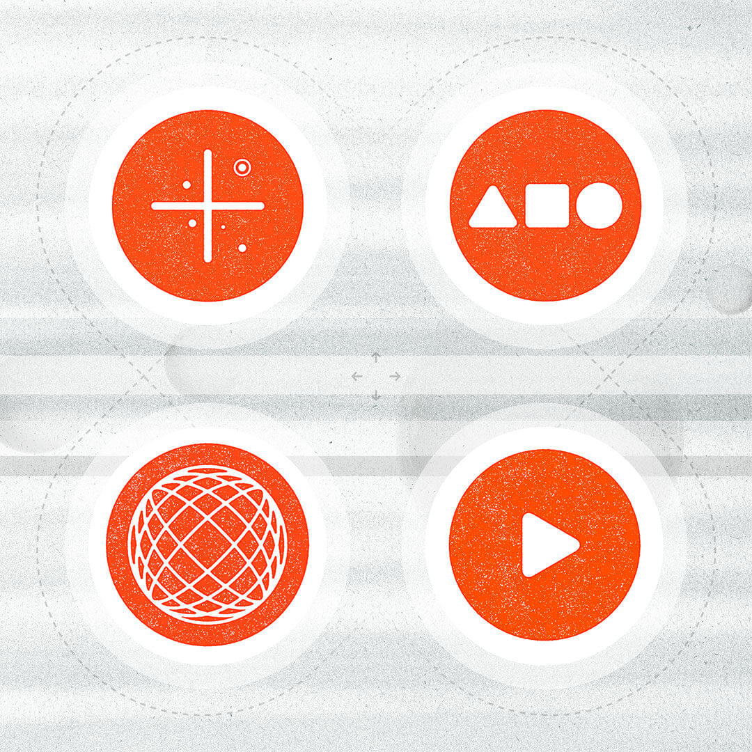 Four icons representing Fifteen4 core service offerings: brand strategy, visual design, digital and web, and video and animation