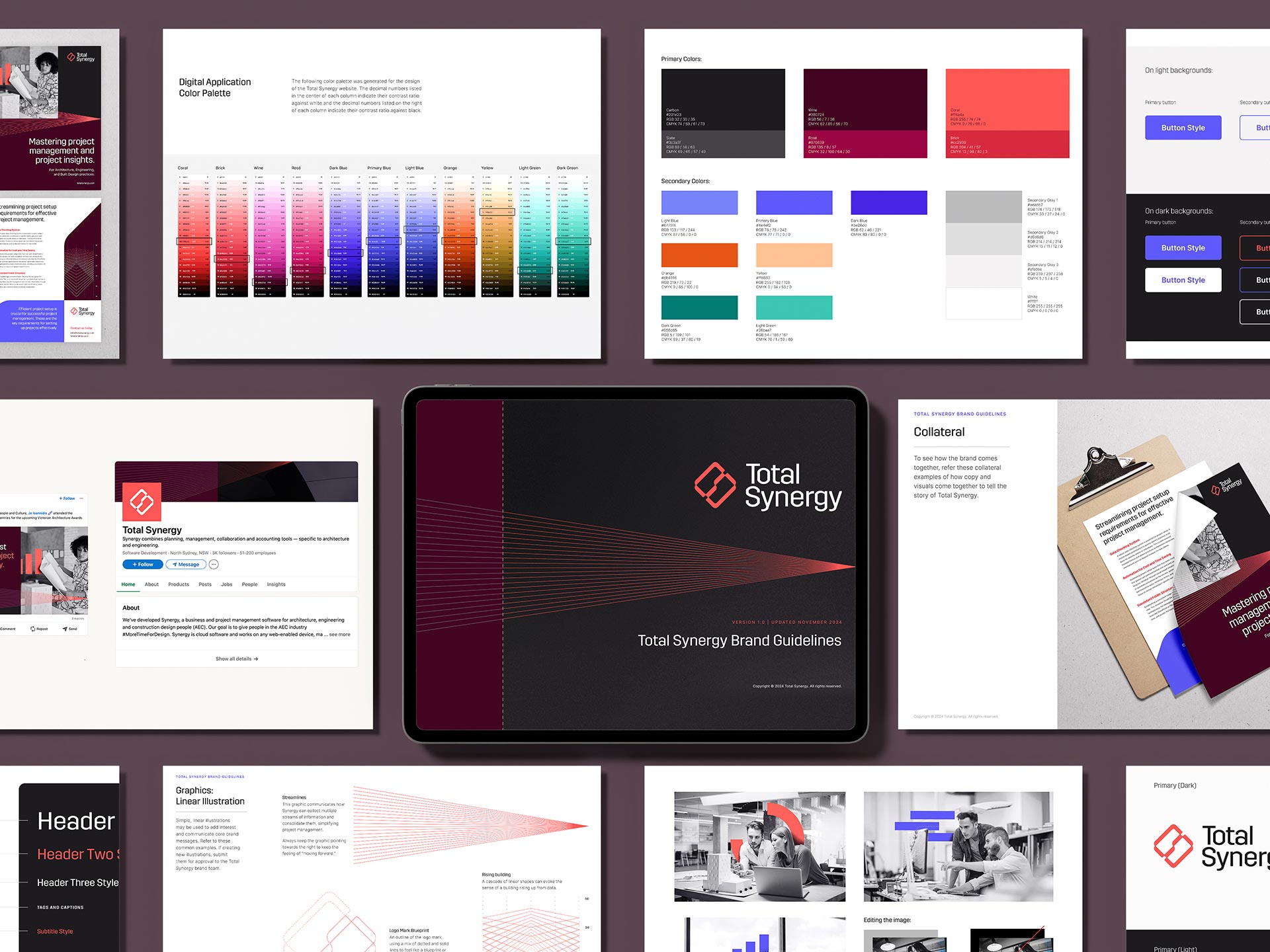 Total Synergy brand guidelines Sample set of pages from the brand guidelines that contain print and digital color palettes, visual identity, brand assets, photography treatment, and more.