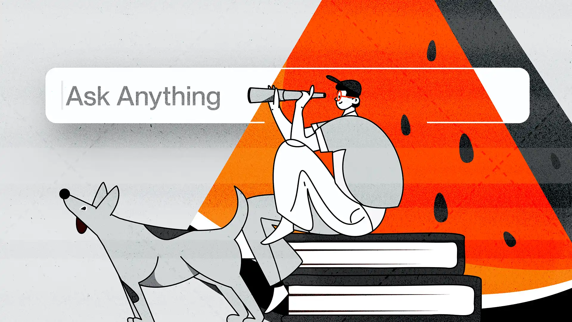 Illustration of modern person using a spyglass to inference that they are searching. The person is surrounded by a dog and oversized books and watermelon, all of which are held together by a chatGPT search field that reads "ask anything."